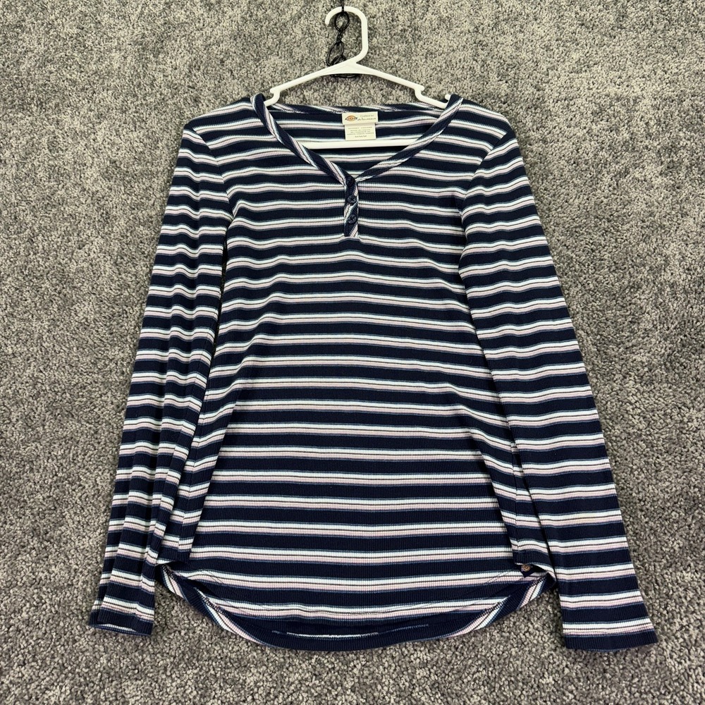 Dickies Shirt Womens Medium Blue Striped Long Sleeve Henley Ribbed Knit Casual